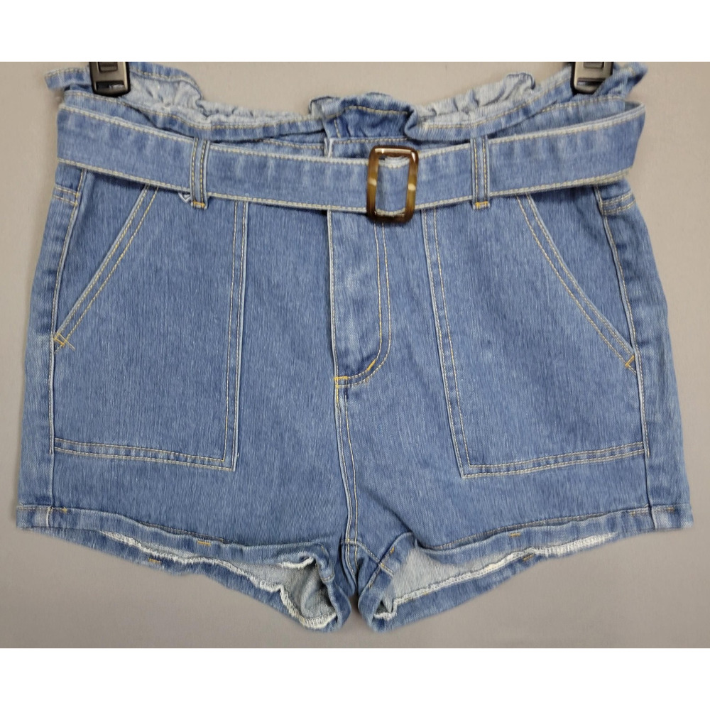 Shein Denim Shorts Womens Medium‎ Blue Paperbag High Rise Belted Casual Summer